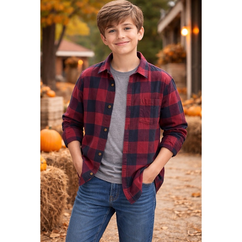 Wrangler Boys XL 14/16 Husky Red Black Plaid Flannel Shirt Youth